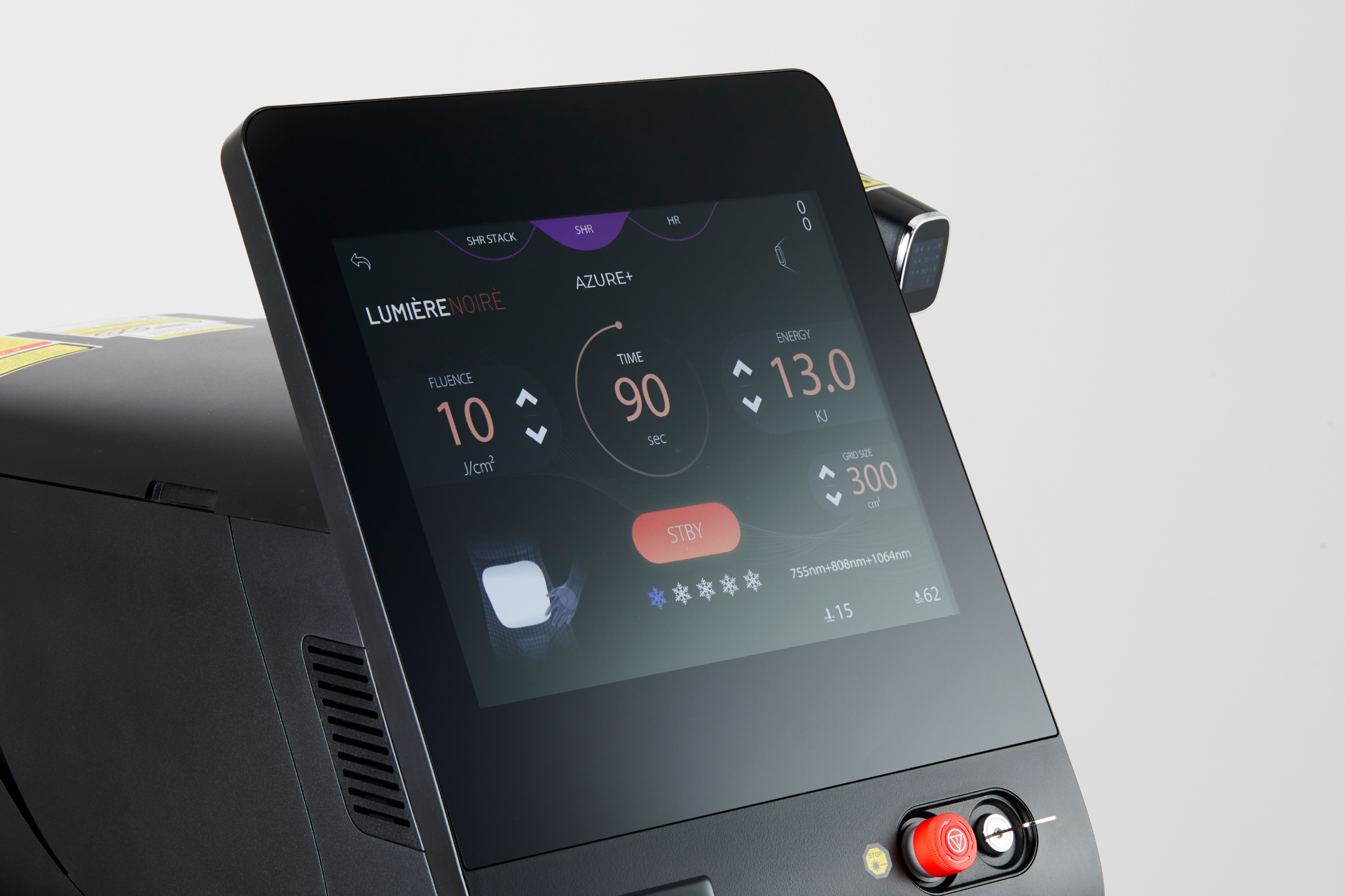 Lumière Noire Azure+ touchscreen showing treatment settings